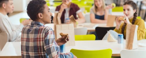 Group,Of,High,School,Students,Chatting,While,Taking,Lunch,At